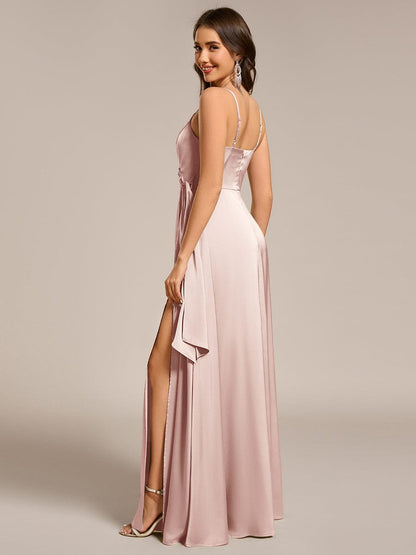 ever IYLA|Wrap-Style Spaghetti Strap Maxi Satin Bridesmaid Dress