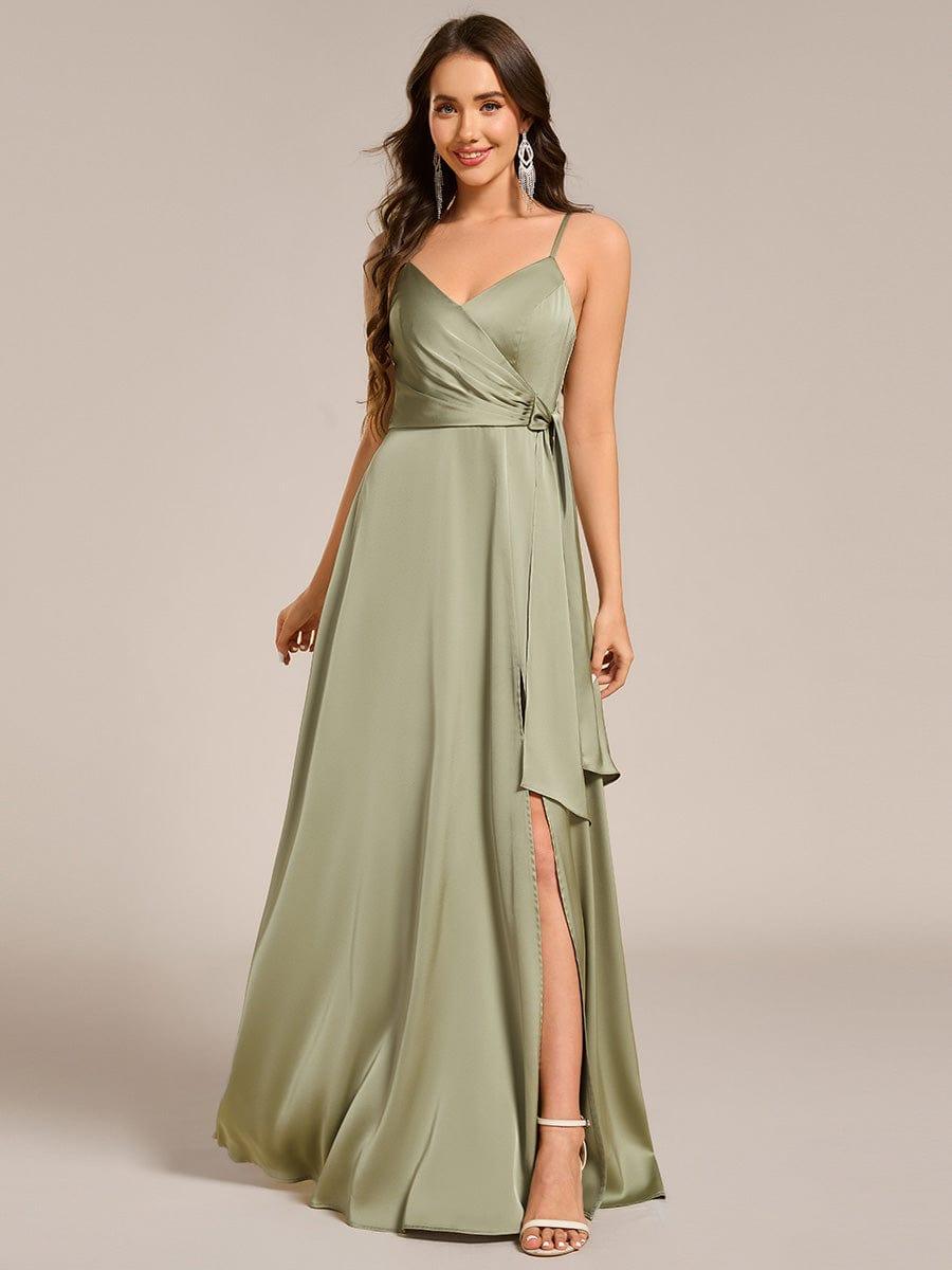 ever IYLA|Wrap-Style Spaghetti Strap Maxi Satin Bridesmaid Dress