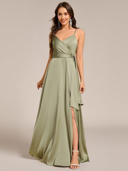 ever IYLA|Wrap-Style Spaghetti Strap Maxi Satin Bridesmaid Dress