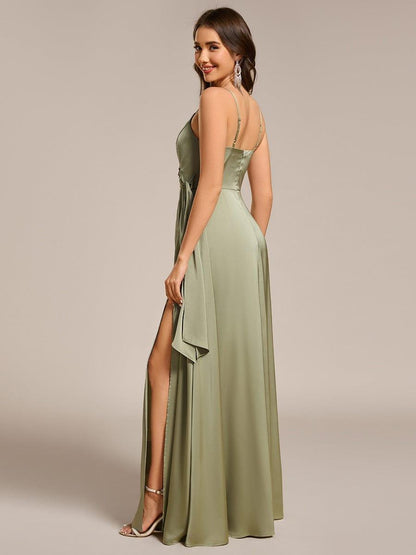 ever IYLA|Wrap-Style Spaghetti Strap Maxi Satin Bridesmaid Dress