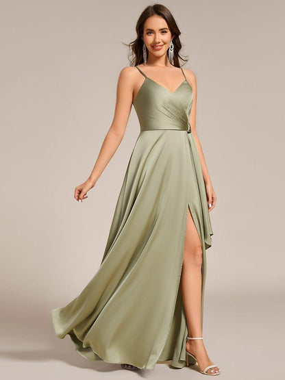ever IYLA|Wrap-Style Spaghetti Strap Maxi Satin Bridesmaid Dress