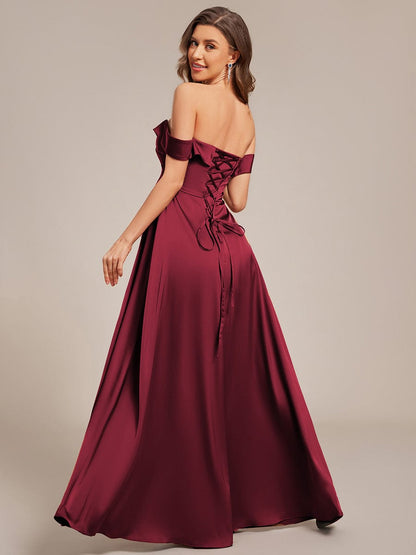 ever SKYE|Off Shoulder Lace-Up High Slit Satin Bridesmaid Dress