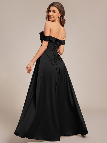 ever SKYE|Off Shoulder Lace-Up High Slit Satin Bridesmaid Dress