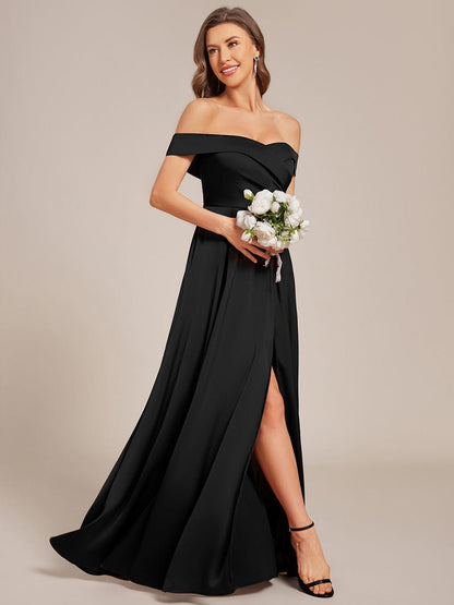 ever SKYE|Off Shoulder Lace-Up High Slit Satin Bridesmaid Dress