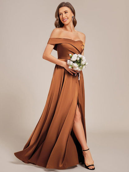 ever SKYE|Off Shoulder Lace-Up High Slit Satin Bridesmaid Dress