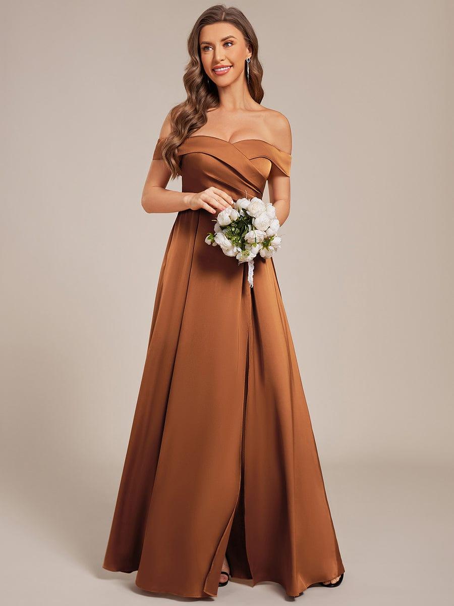 ever SKYE|Off Shoulder Lace-Up High Slit Satin Bridesmaid Dress