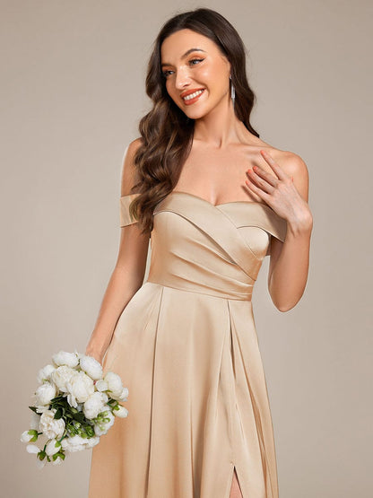 ever SKYE|Off Shoulder Lace-Up High Slit Satin Bridesmaid Dress