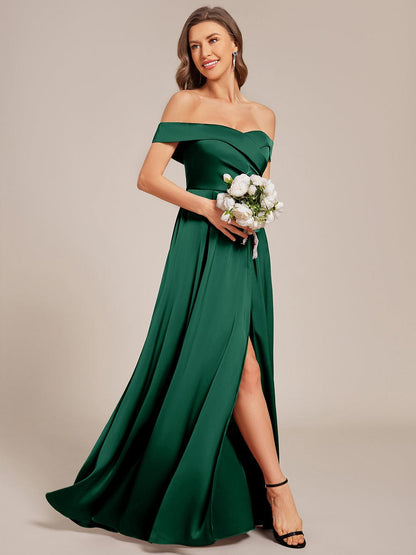ever SKYE|Off Shoulder Lace-Up High Slit Satin Bridesmaid Dress
