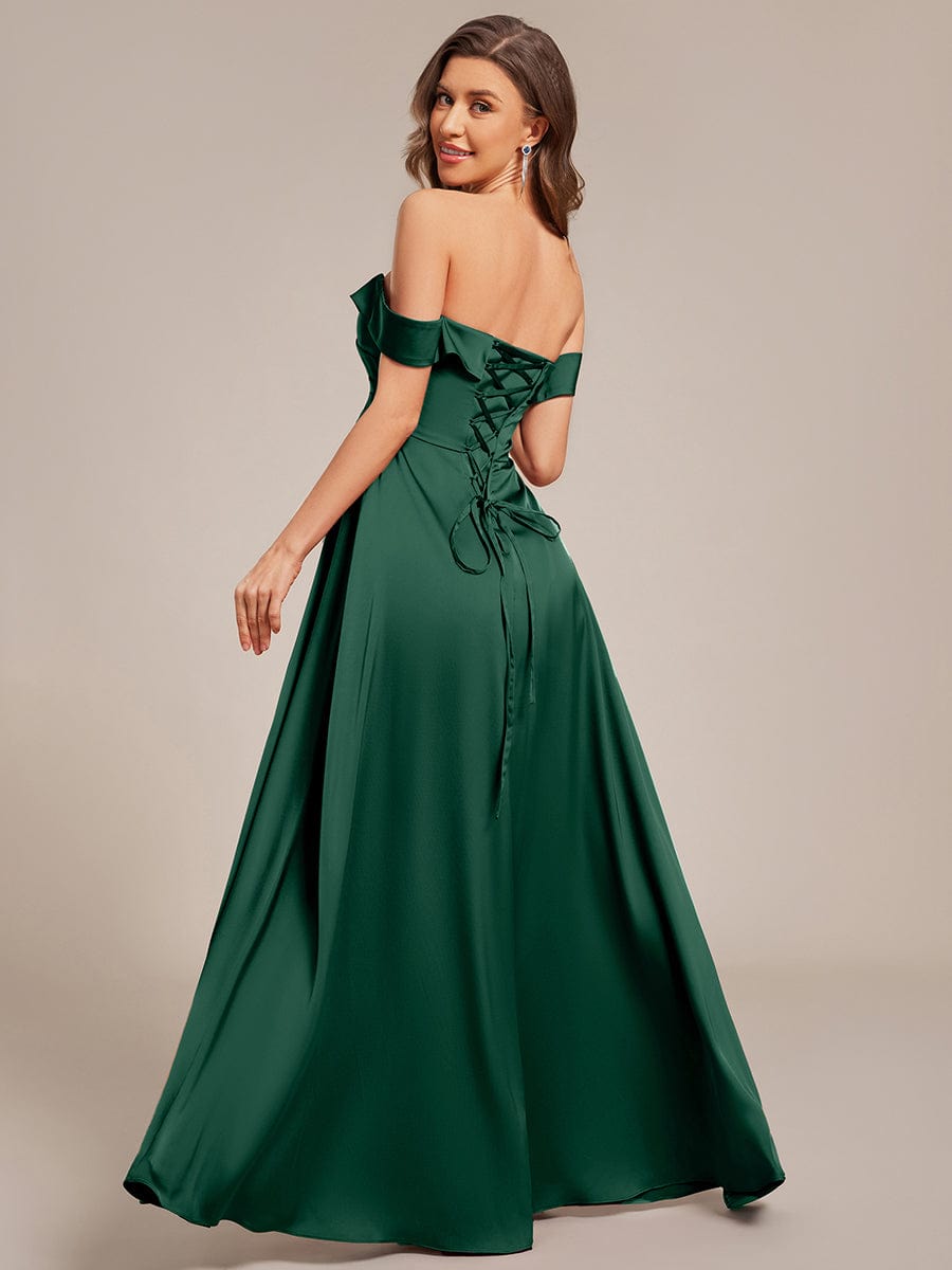ever SKYE|Off Shoulder Lace-Up High Slit Satin Bridesmaid Dress