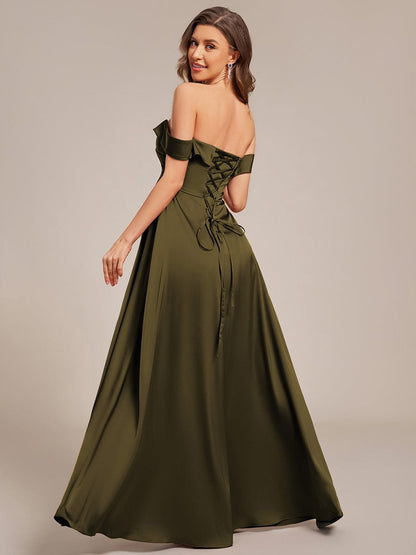 ever SKYE|Off Shoulder Lace-Up High Slit Satin Bridesmaid Dress