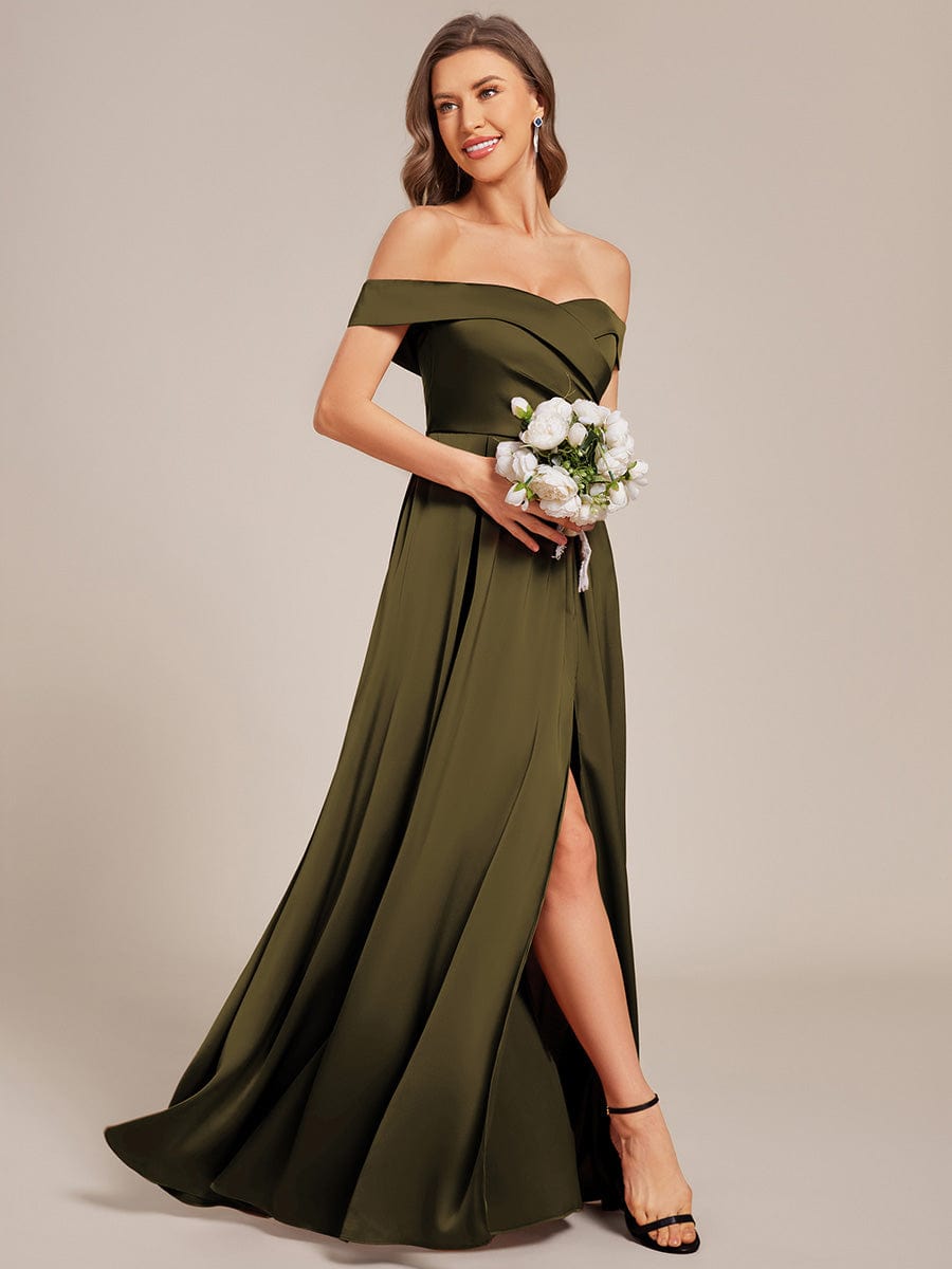 ever SKYE|Off Shoulder Lace-Up High Slit Satin Bridesmaid Dress
