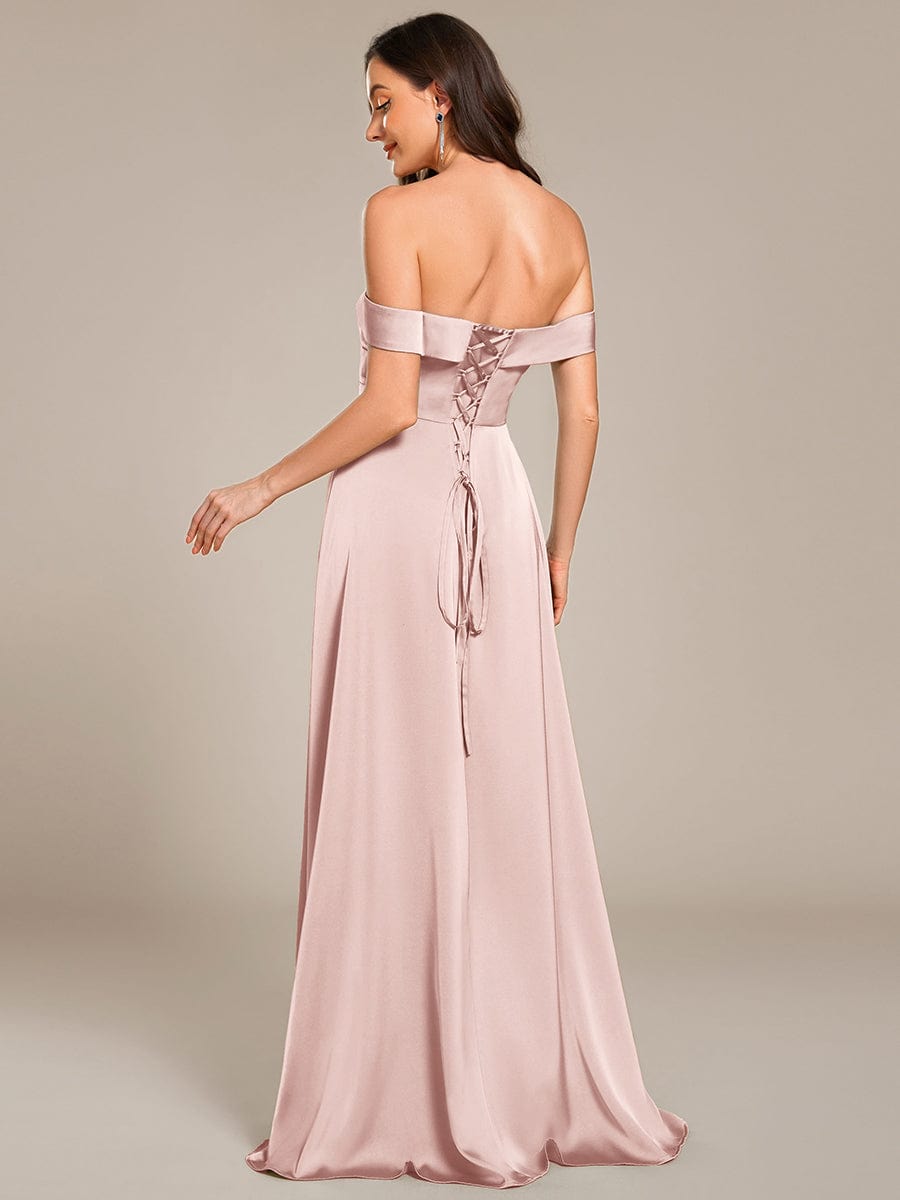 ever SKYE|Off Shoulder Lace-Up High Slit Satin Bridesmaid Dress