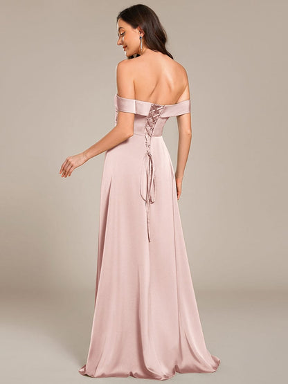 ever SKYE|Off Shoulder Lace-Up High Slit Satin Bridesmaid Dress