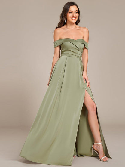 ever SKYE|Off Shoulder Lace-Up High Slit Satin Bridesmaid Dress