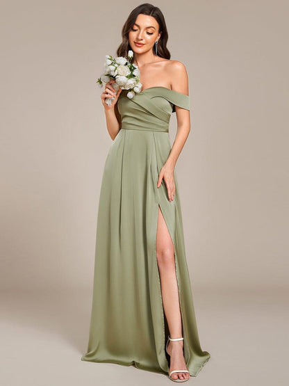 ever SKYE|Off Shoulder Lace-Up High Slit Satin Bridesmaid Dress