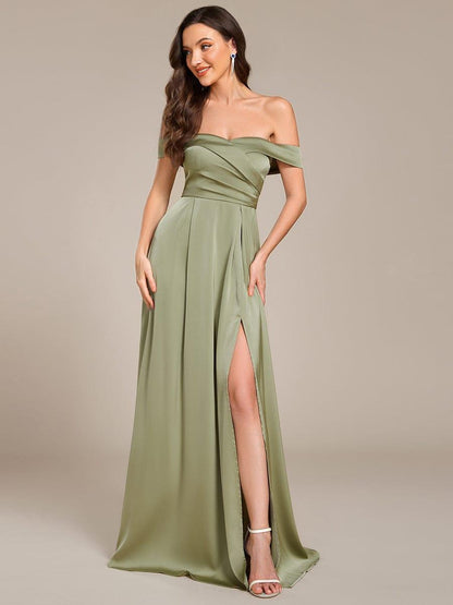 ever SKYE|Off Shoulder Lace-Up High Slit Satin Bridesmaid Dress