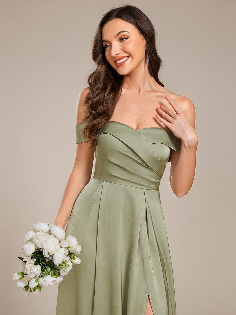 ever SKYE|Off Shoulder Lace-Up High Slit Satin Bridesmaid Dress