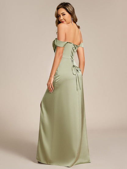 pretty OLIVE|Off Shoulder Short Sleeve Split Back-Tie Satin Bridesmaid Dress