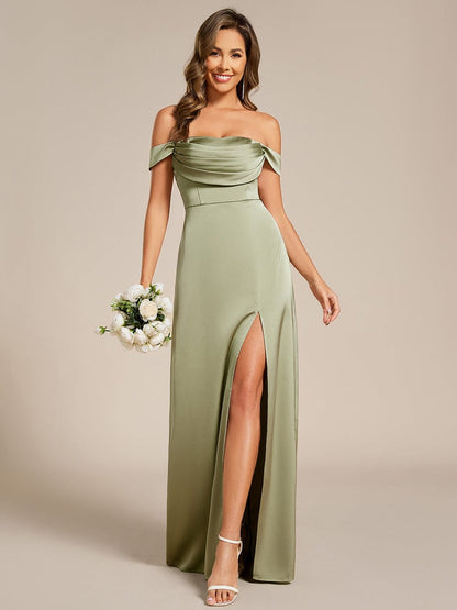pretty OLIVE|Off Shoulder Short Sleeve Split Back-Tie Satin Bridesmaid Dress
