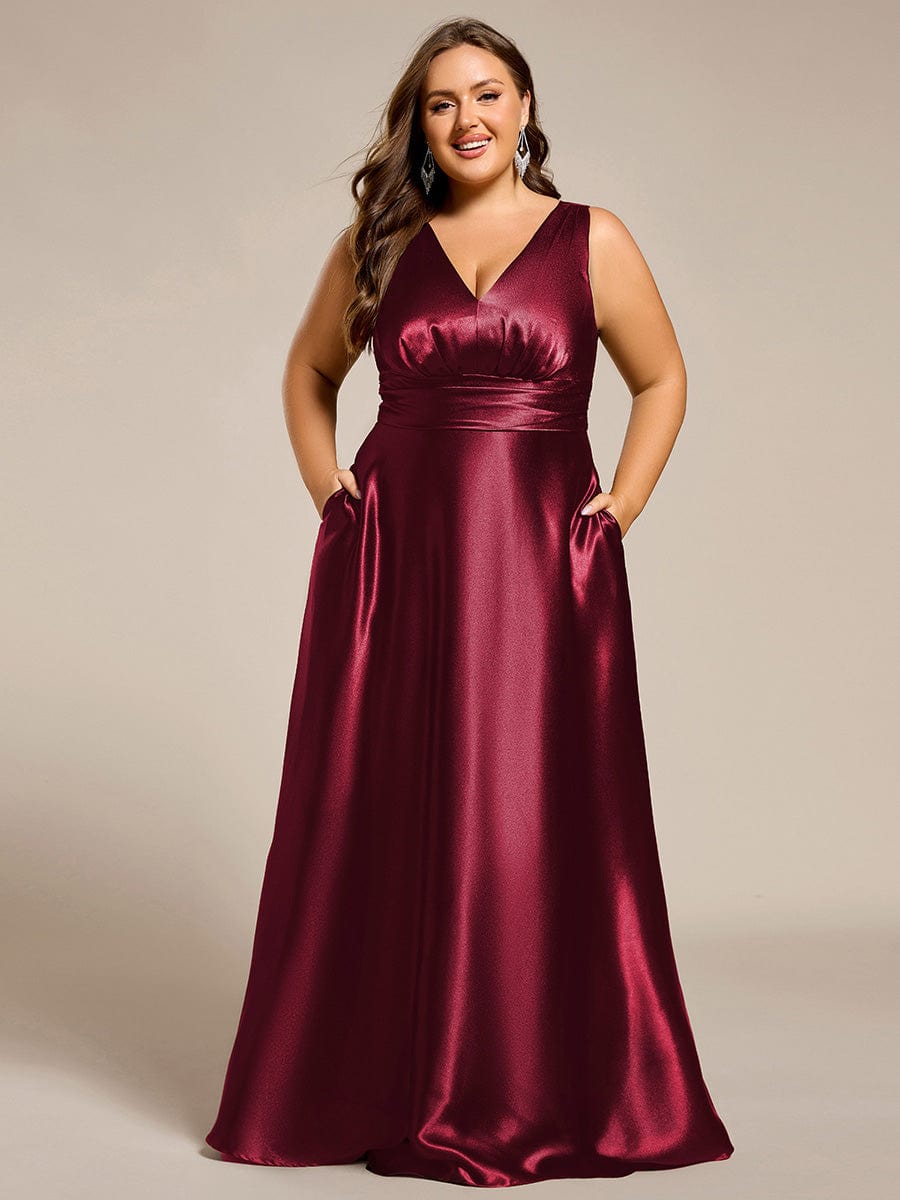 pretty INDY|Plus Size Satin Empire Waist Maxi Bridesmaid Dress with Pockets