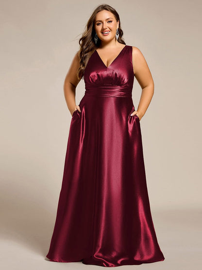 pretty INDY|Plus Size Satin Empire Waist Maxi Bridesmaid Dress with Pockets