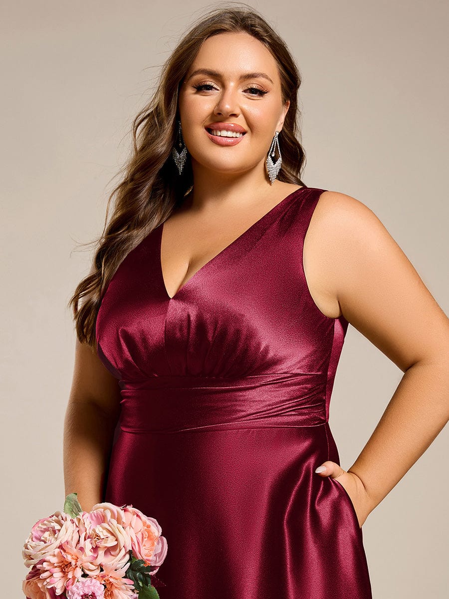 pretty INDY|Plus Size Satin Empire Waist Maxi Bridesmaid Dress with Pockets