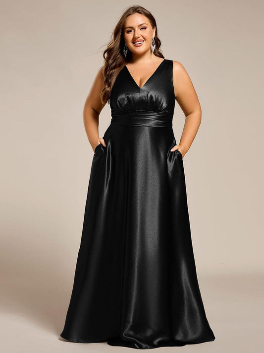 pretty INDY|Plus Size Satin Empire Waist Maxi Bridesmaid Dress with Pockets