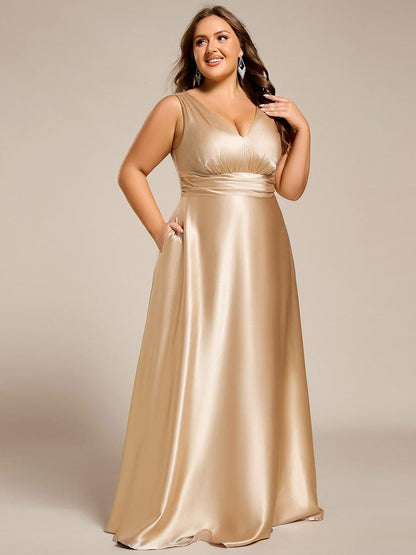pretty INDY|Plus Size Satin Empire Waist Maxi Bridesmaid Dress with Pockets