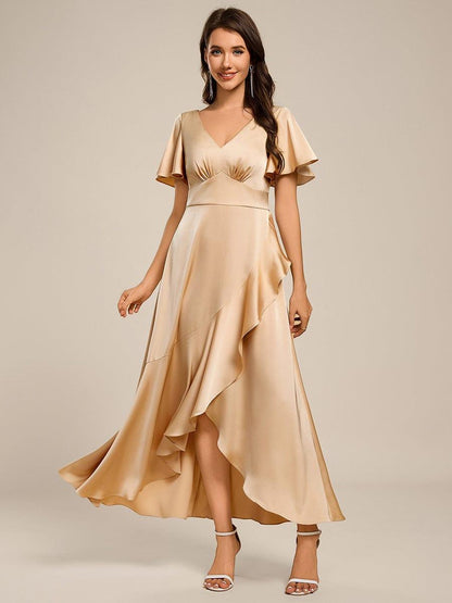 ever WYNTER|Short Sleeve Ruffled Satin Midi Wedding Guest Dress