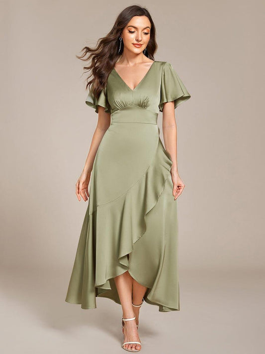 ever WYNTER|Short Sleeve Ruffled Satin Midi Wedding Guest Dress