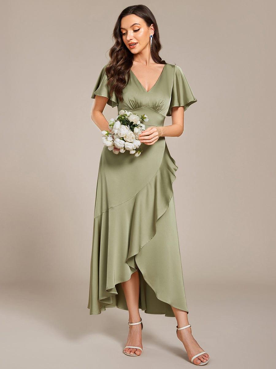 ever WYNTER|Short Sleeve Ruffled Satin Midi Wedding Guest Dress
