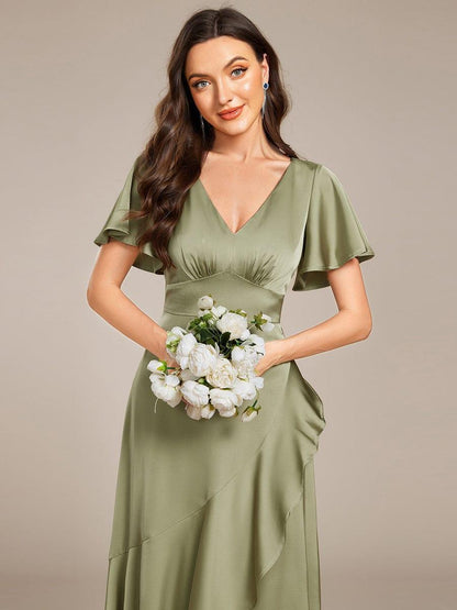 ever WYNTER|Short Sleeve Ruffled Satin Midi Wedding Guest Dress