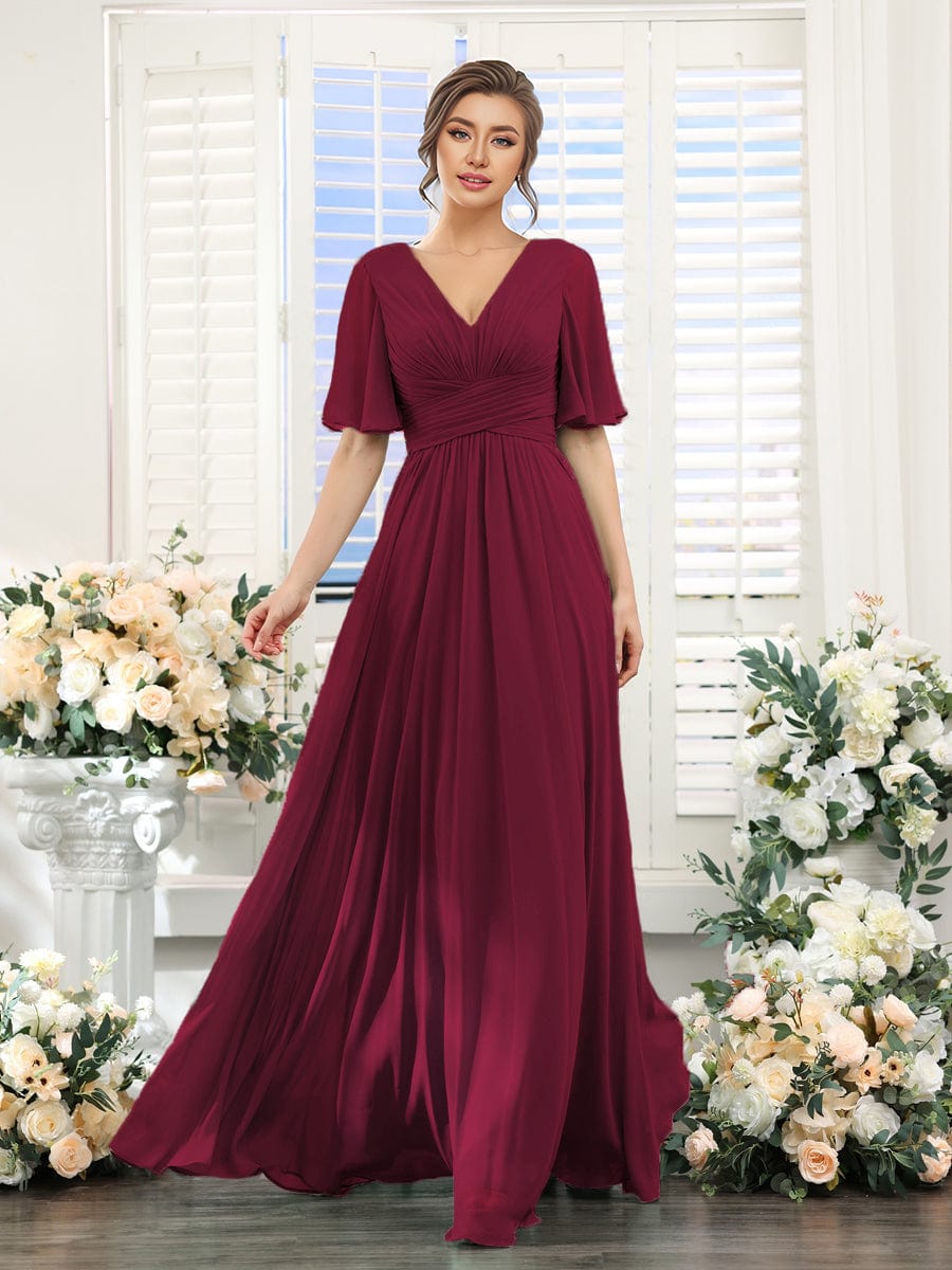 ever ARIANNE|Short Sleeve Ruffled Lace-Up A-Line Maxi Bridesmaid Dress