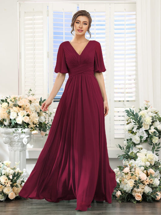 ever ARIANNE|Short Sleeve Ruffled Lace-Up A-Line Maxi Bridesmaid Dress