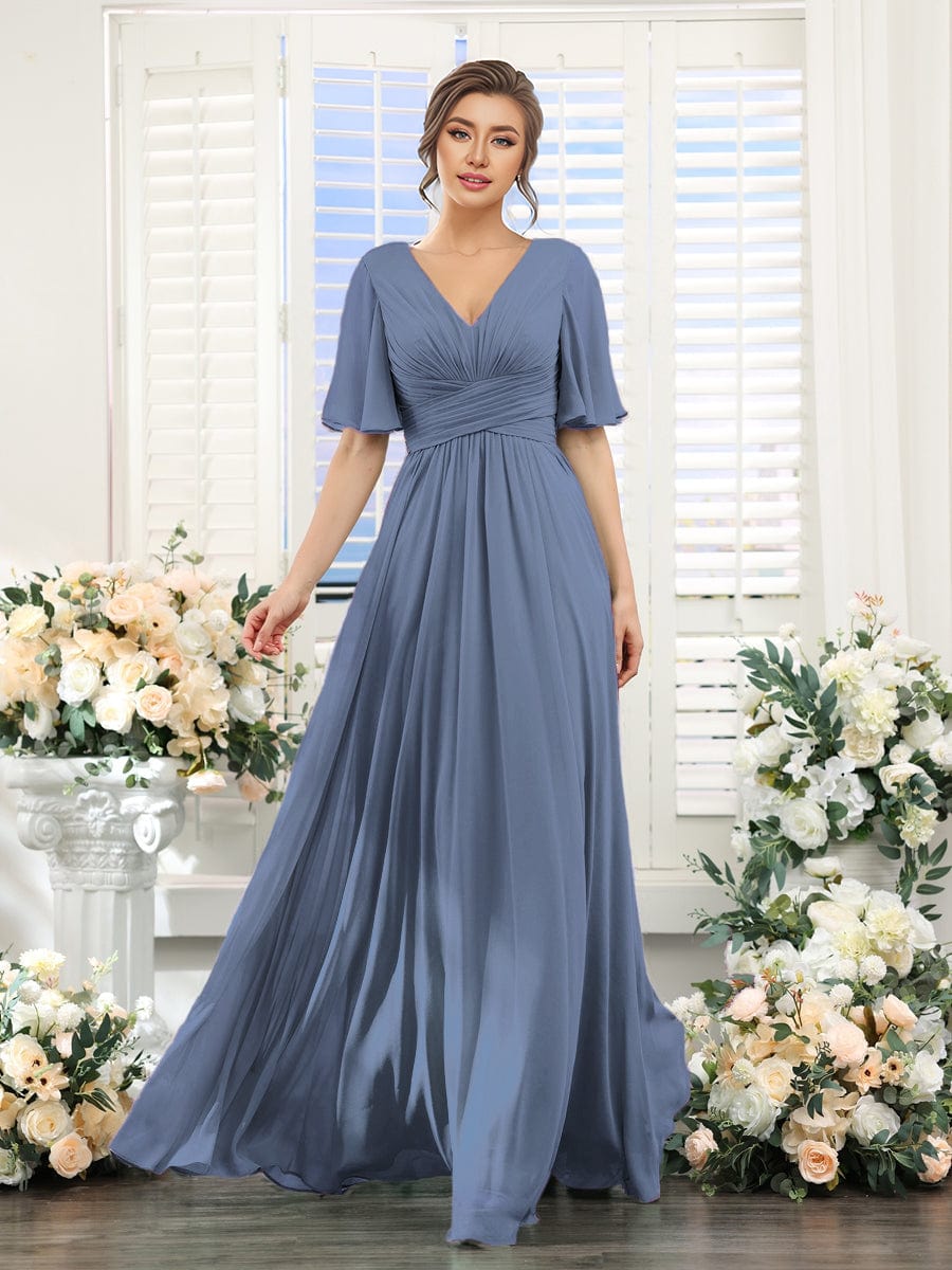 ever ARIANNE|Short Sleeve Ruffled Lace-Up A-Line Maxi Bridesmaid Dress