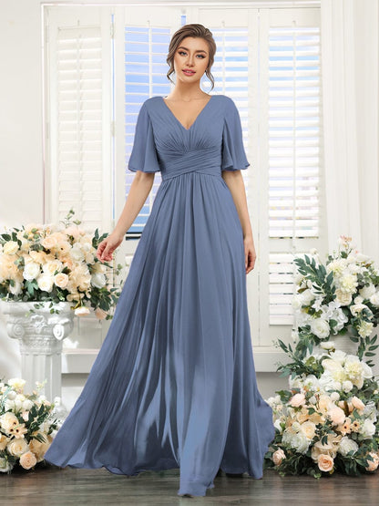 ever ARIANNE|Short Sleeve Ruffled Lace-Up A-Line Maxi Bridesmaid Dress