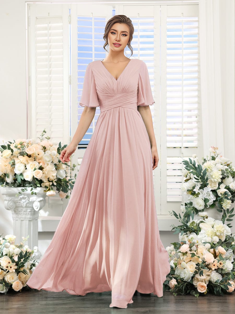 ever ARIANNE|Short Sleeve Ruffled Lace-Up A-Line Maxi Bridesmaid Dress
