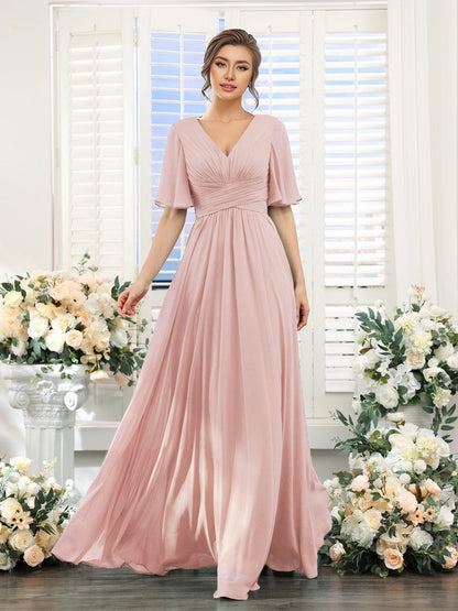ever ARIANNE|Short Sleeve Ruffled Lace-Up A-Line Maxi Bridesmaid Dress