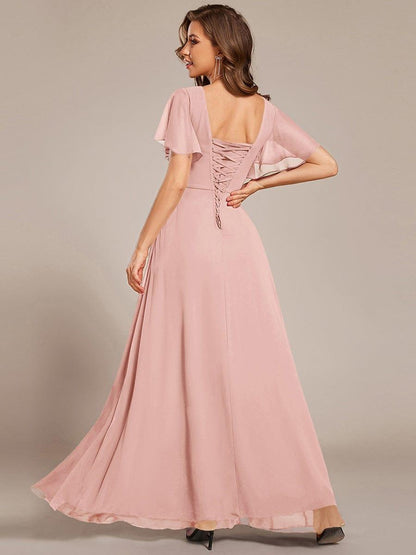 ever ARIANNE|Short Sleeve Ruffled Lace-Up A-Line Maxi Bridesmaid Dress