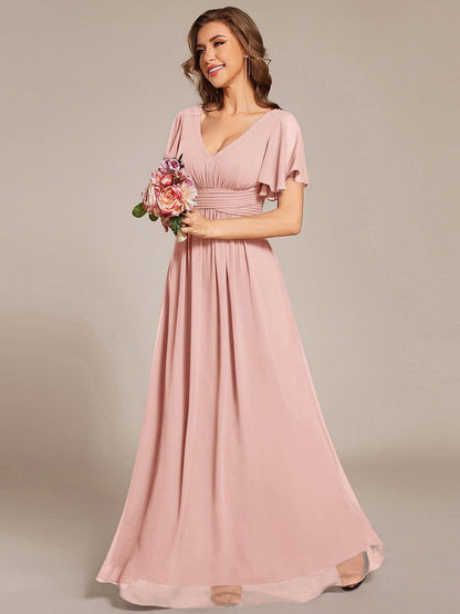ever ARIANNE|Short Sleeve Ruffled Lace-Up A-Line Maxi Bridesmaid Dress