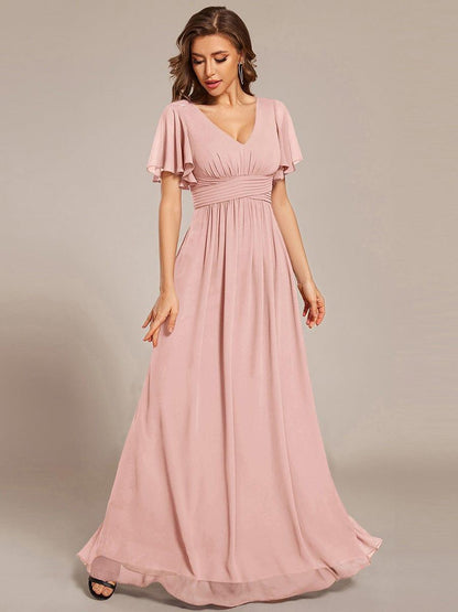 ever ARIANNE|Short Sleeve Ruffled Lace-Up A-Line Maxi Bridesmaid Dress