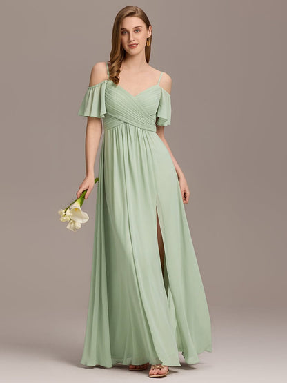ever GRACIE|Off-Shoulder Ruched High Split Bridesmaid Dress