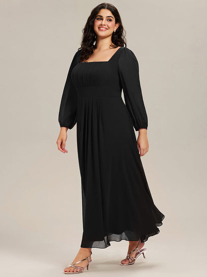 Plus Size See-through Chiffon Lantern Sleeve Wedding Guest Dress