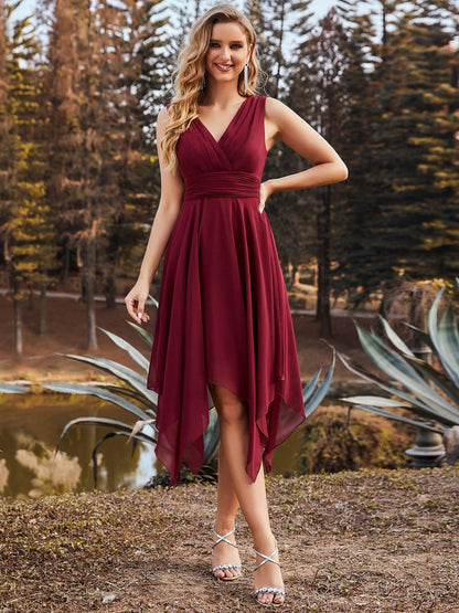ever ELORA|Chiffon Double V-Neck A Line Bridesmaid Dress with Asymmetrical Hem