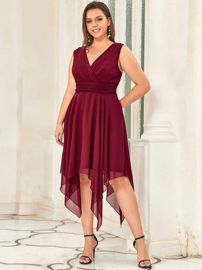 pretty ELORA|Plus Size Double V Neck Ruched-Waist Midi Chiffon Bridesmaid Dress