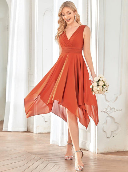 ever ELORA|Chiffon Double V-Neck A Line Bridesmaid Dress with Asymmetrical Hem