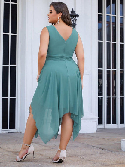pretty ELORA|Plus Size Double V Neck Ruched-Waist Midi Chiffon Bridesmaid Dress