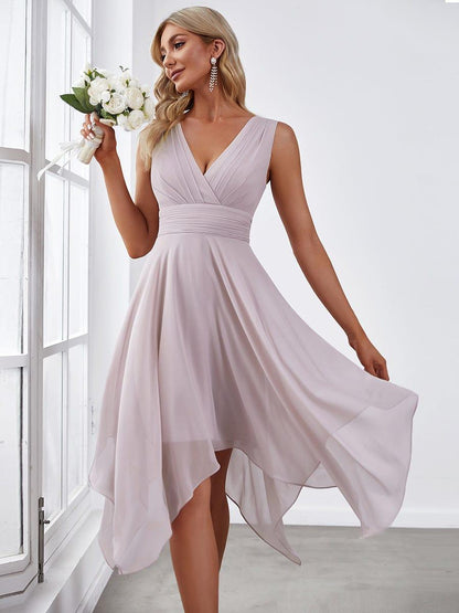 ever ELORA|V Neck Ruched Asymmetrical Hems Midi Chiffon Bridesmaid Dress