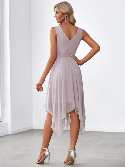 ever ELORA|V Neck Ruched Asymmetrical Hems Midi Chiffon Bridesmaid Dress