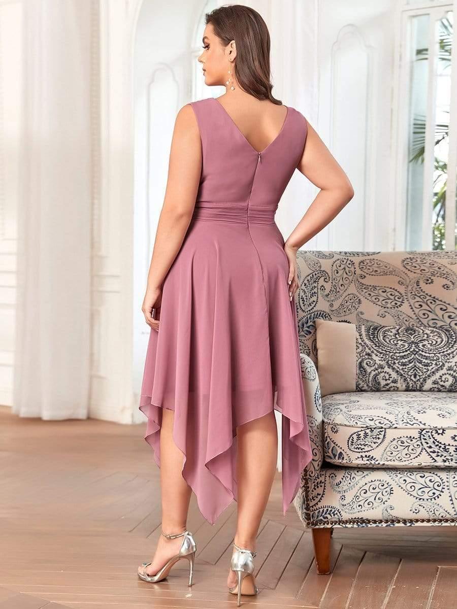 pretty ELORA|Plus Size Double V Neck Ruched-Waist Midi Chiffon Bridesmaid Dress